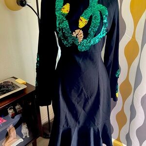 1940s / vintage style midi length dress with vibrant green sequin snakes